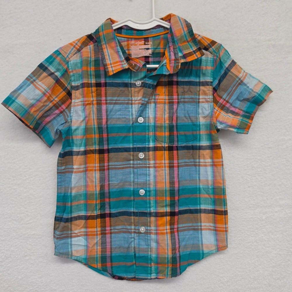 Cat & Jack Boys XS 4/5 Plaid Button Down Short Sleeve Shirt Teal Orange Cotton